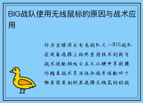 BIG战队使用无线鼠标的原因与战术应用