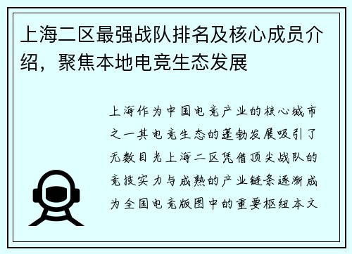 上海二区最强战队排名及核心成员介绍，聚焦本地电竞生态发展
