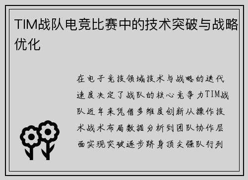 TIM战队电竞比赛中的技术突破与战略优化